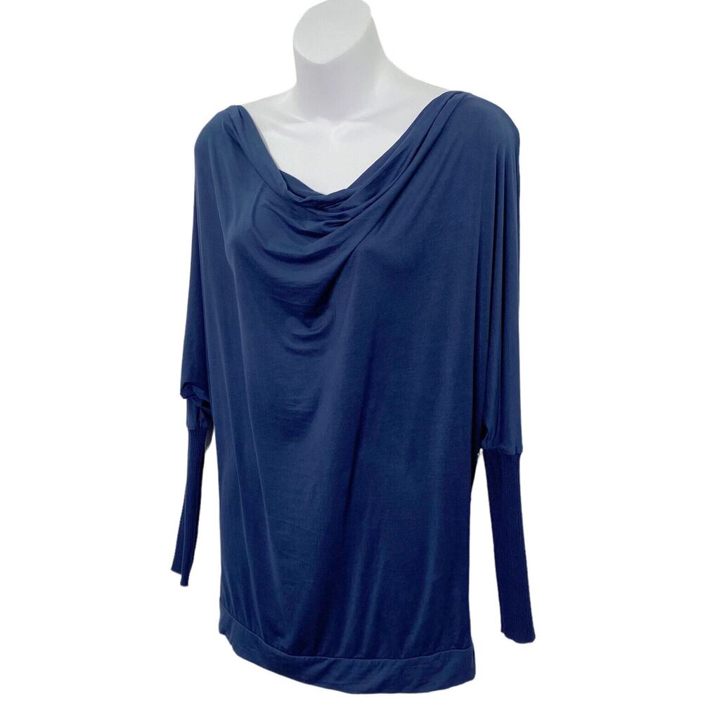 AKIRA Chicago Red Label Womens Sz M Blue Faux Suede Blouse Open Back Dolman Slve